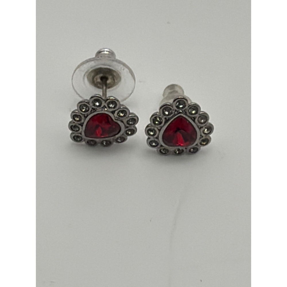 Swarovski Red Crystal Heart Stud Earrings Silver Tone Halo Romantic Jewelry